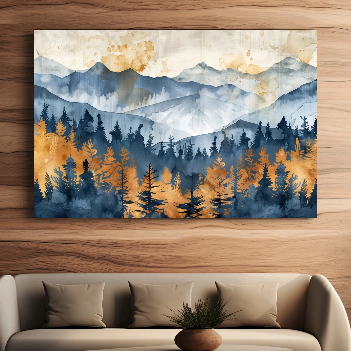 Watercolor Mountain Forest Landscape - Abstract Golden Autumn Pines Wall Art