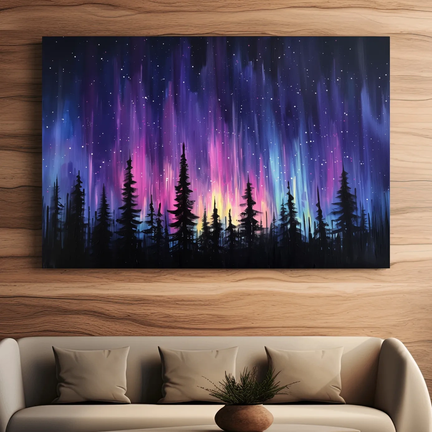 Painting of silhouetted trees against purple and pink northern lights sky