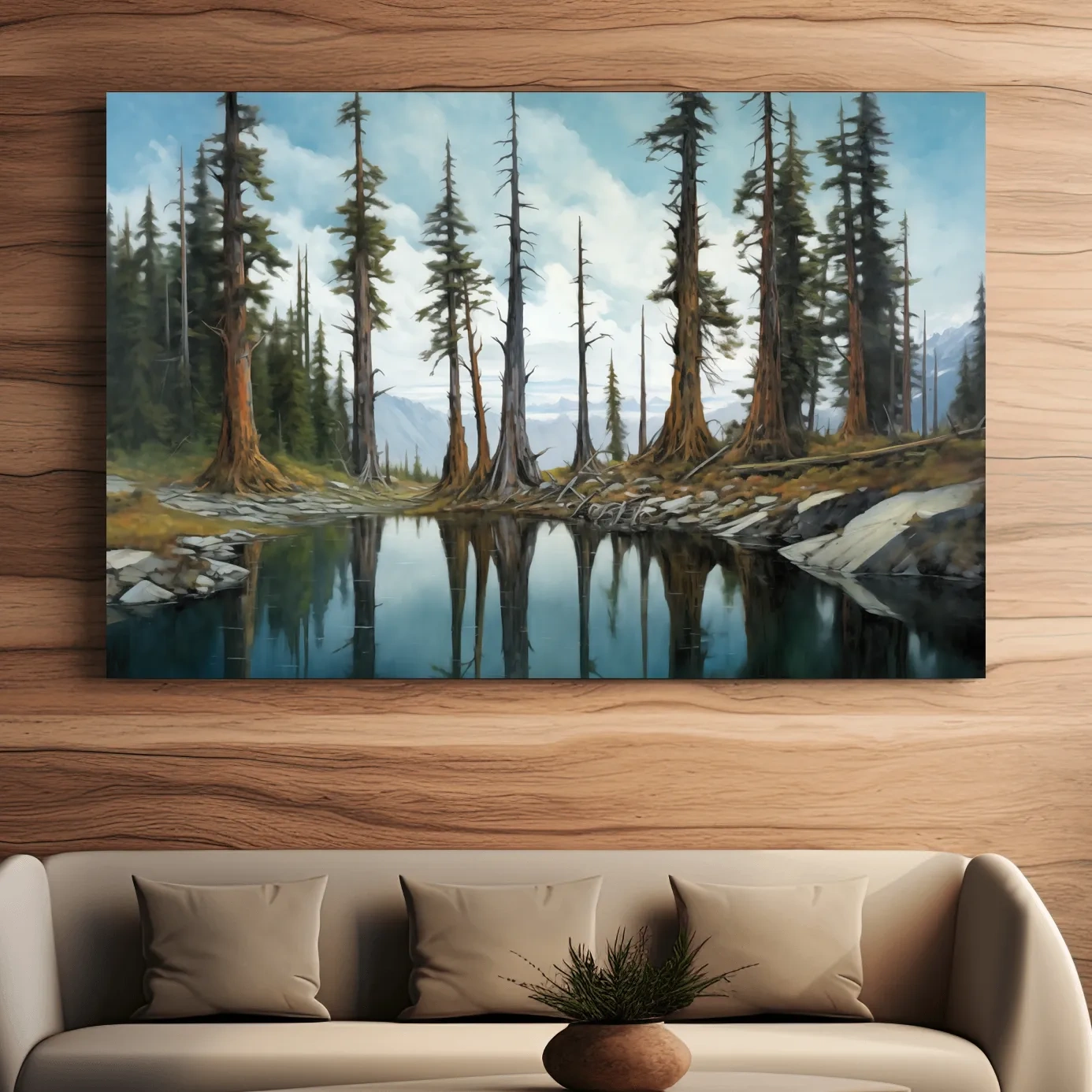Painting of a line of trees beside a lake and mountains, forest artwork