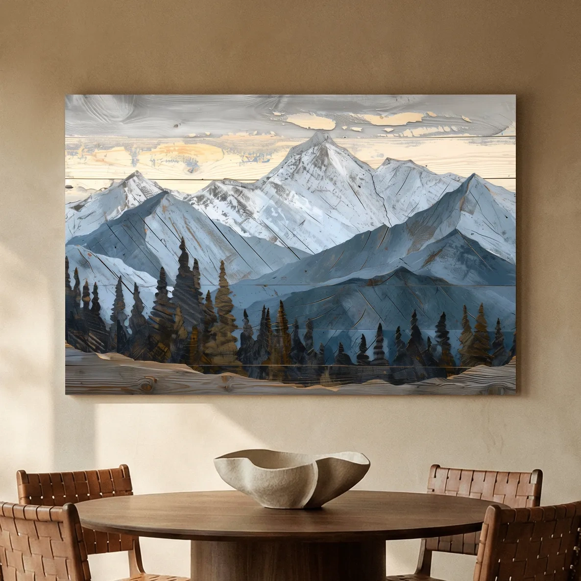 Alpine Forest Mountain Range Artwork - Rustic Woodgrain Landscape Wall Art