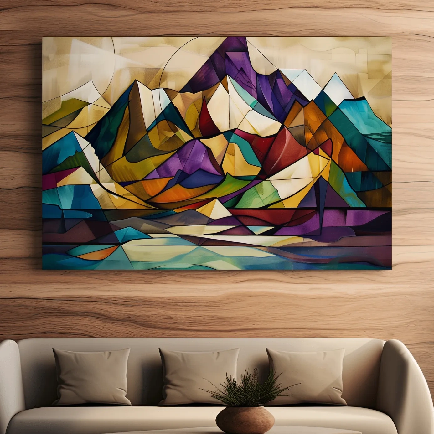 Abstract colorful mountain art, mixed media leadlight style painting