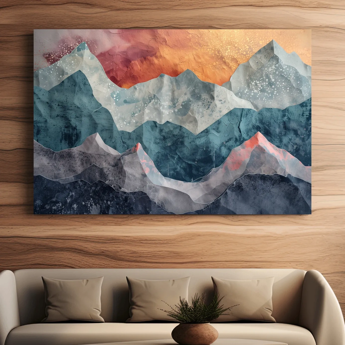Abstract sunset mountain artwork, 3d textured paper effect