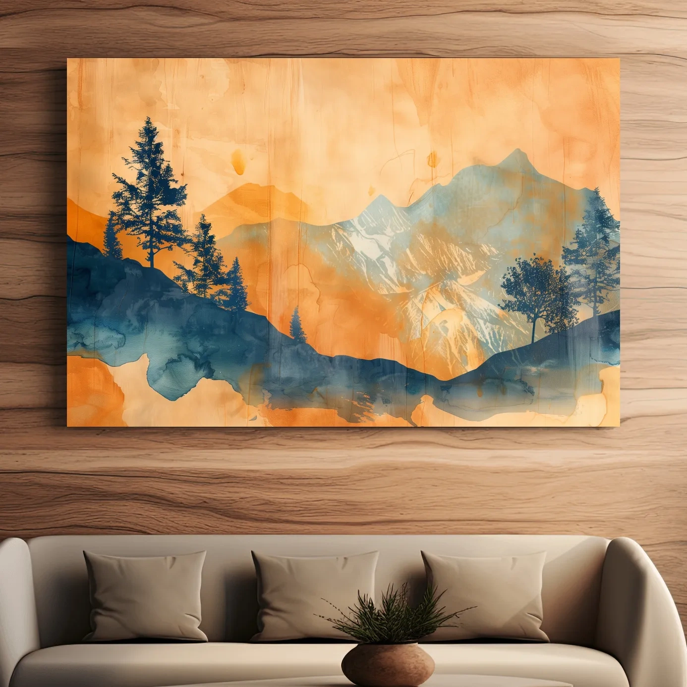 Abstract watercolor painting wall art, trees, mountains and glacier