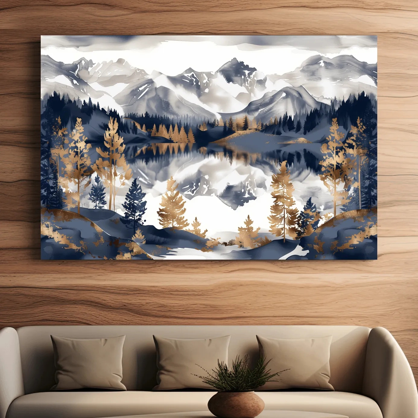 Gold leaf style alpine lake and mountain wall art painting