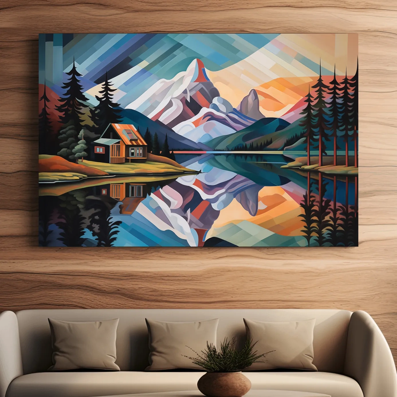 Abstract oil painting of a cabin by a lake at sunset