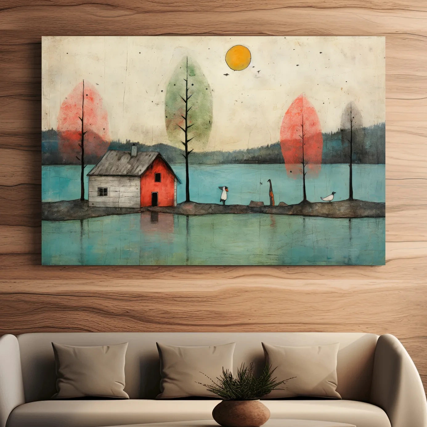 Painting of a quirky cabin on the lake, textured effect