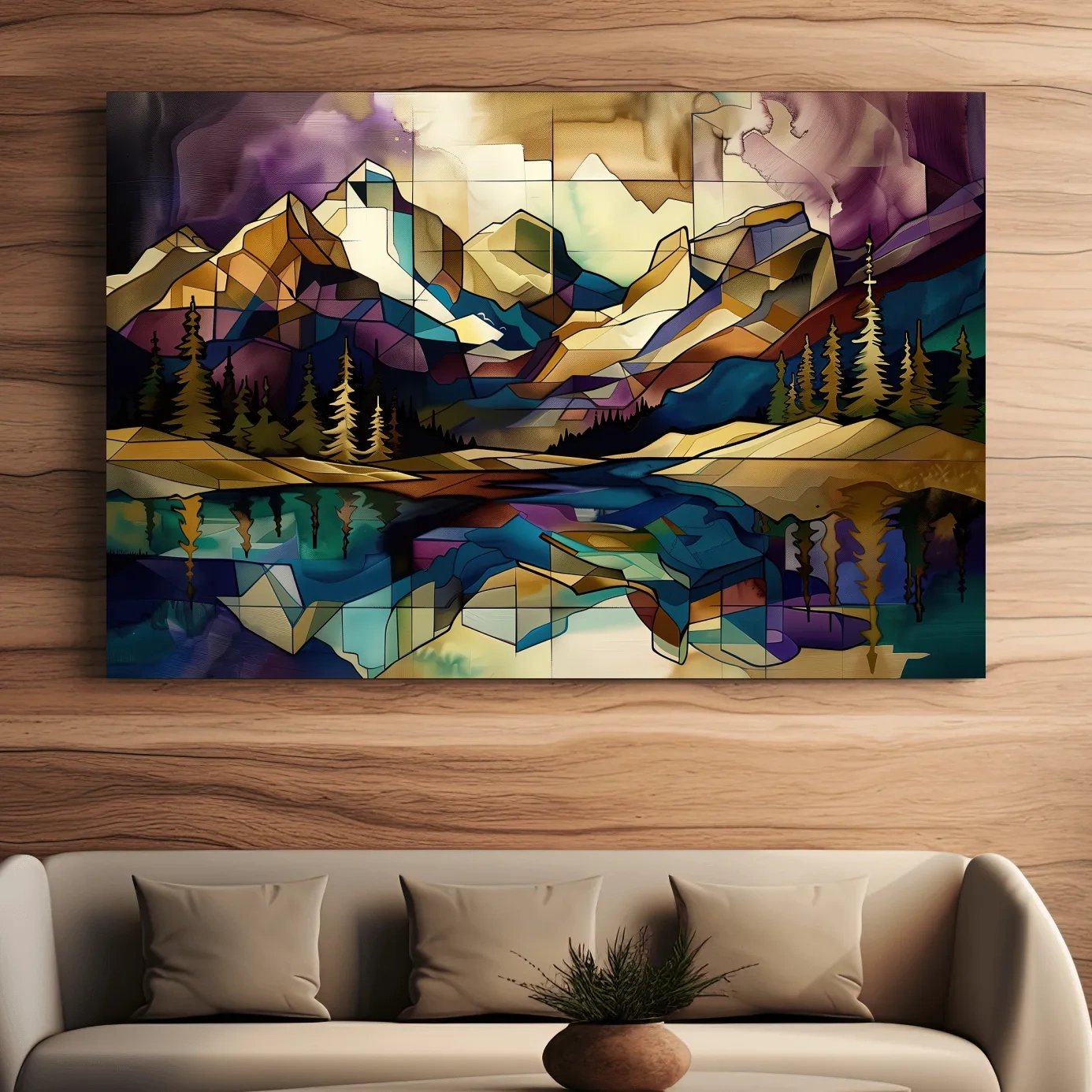 Treelined alpine lake and mountain scene, mixed media style colorful abstract painting