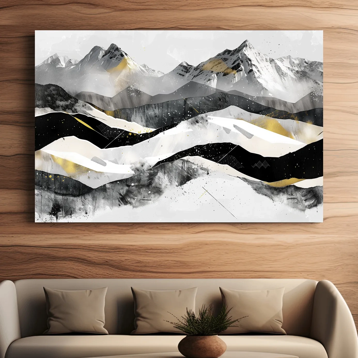 Snow capped mountains, modern black and white abstract artwork