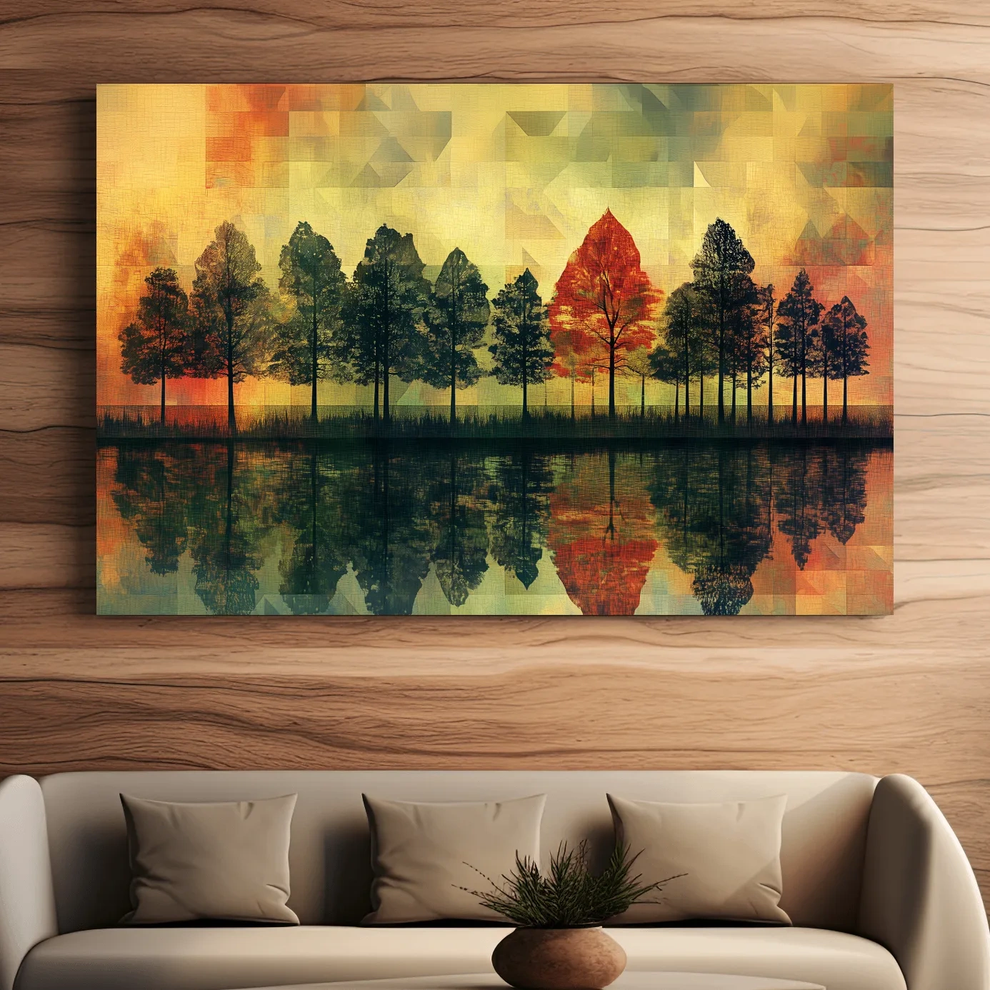Abstract Geometric Autumn Forest Reflection - Modern Mosaic Landscape Artwork
