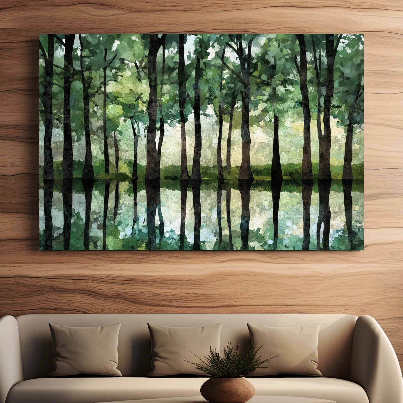 Mosaic Watercolor Forest Lake Reflection - Serene Nature Landscape Wall Art