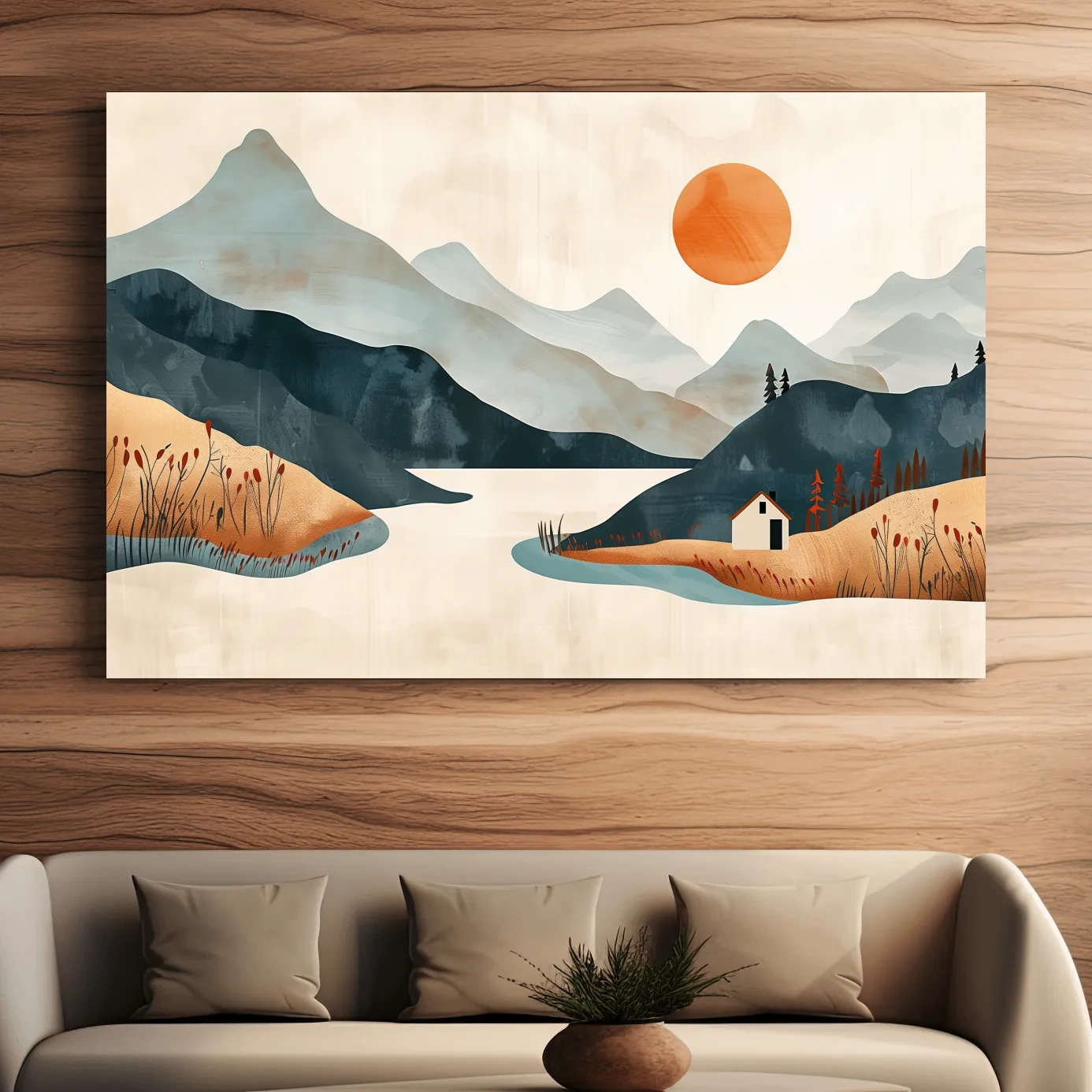 Storybook lakehouse landscape scene, mountain sunset minimalist style illustration artwork