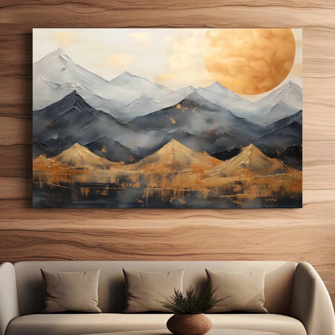 Elegant gold leaf style painting of mountain scenery