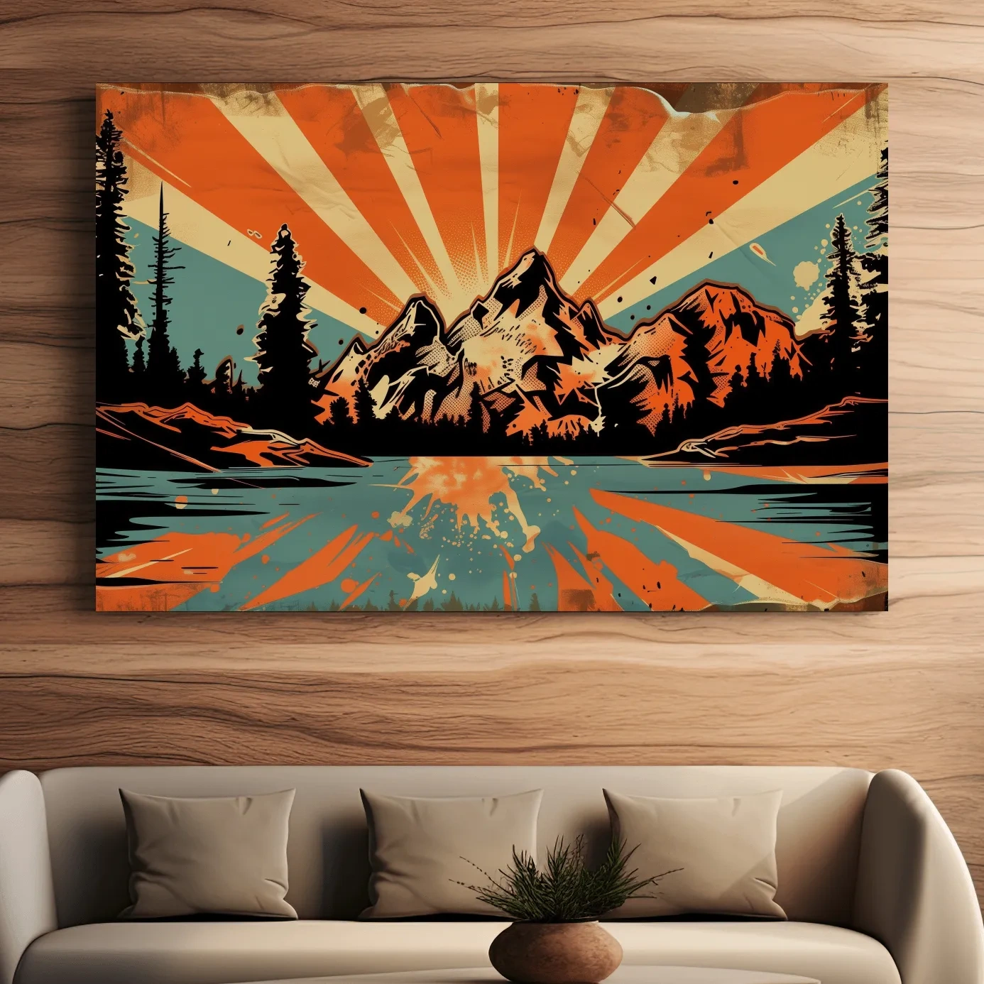 Retro comic book style halftone mountain wall art, sunrise rays from behind a glacier and alpine lake,