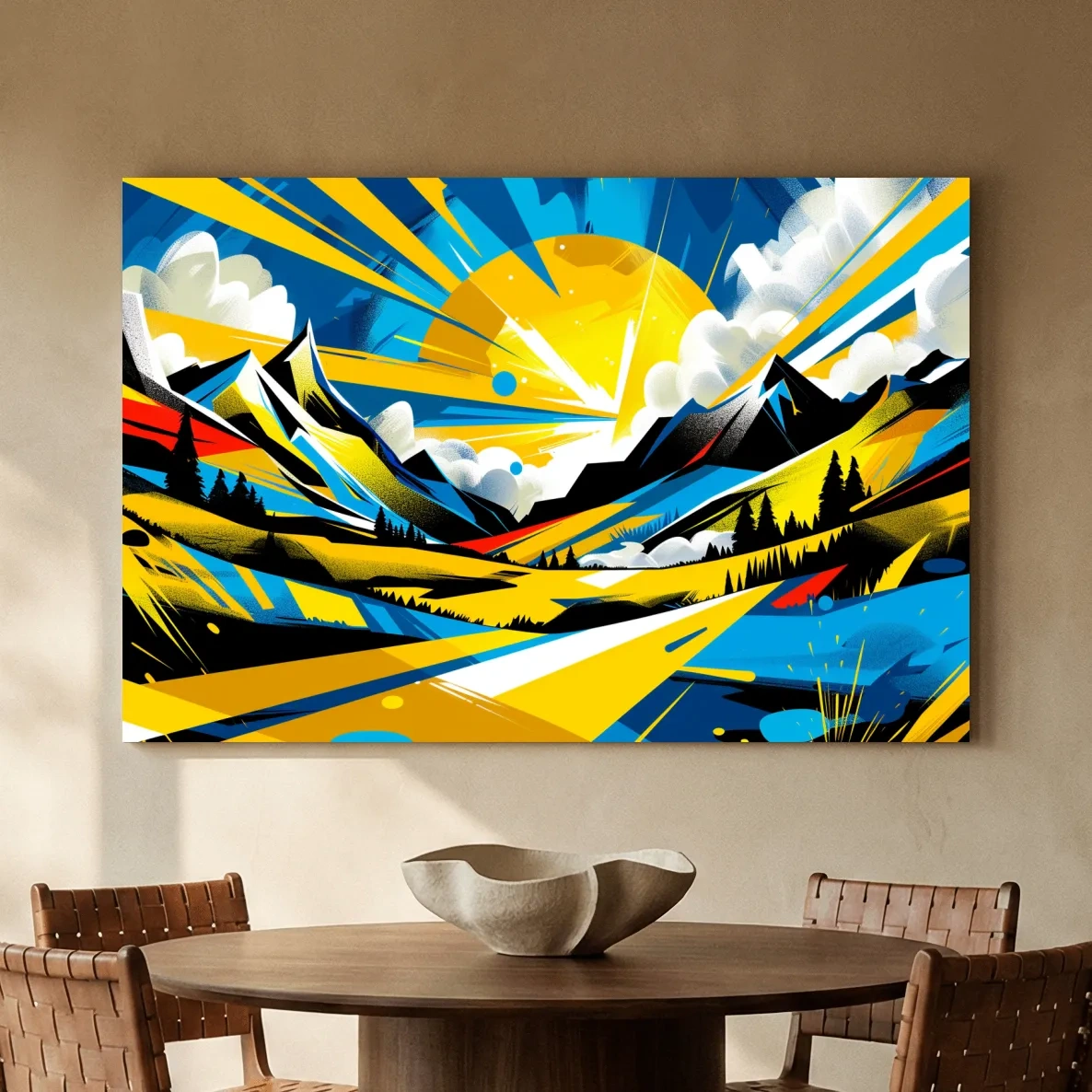 Graffiti style sunset mountain wall art, vibrant bright colorful artwork