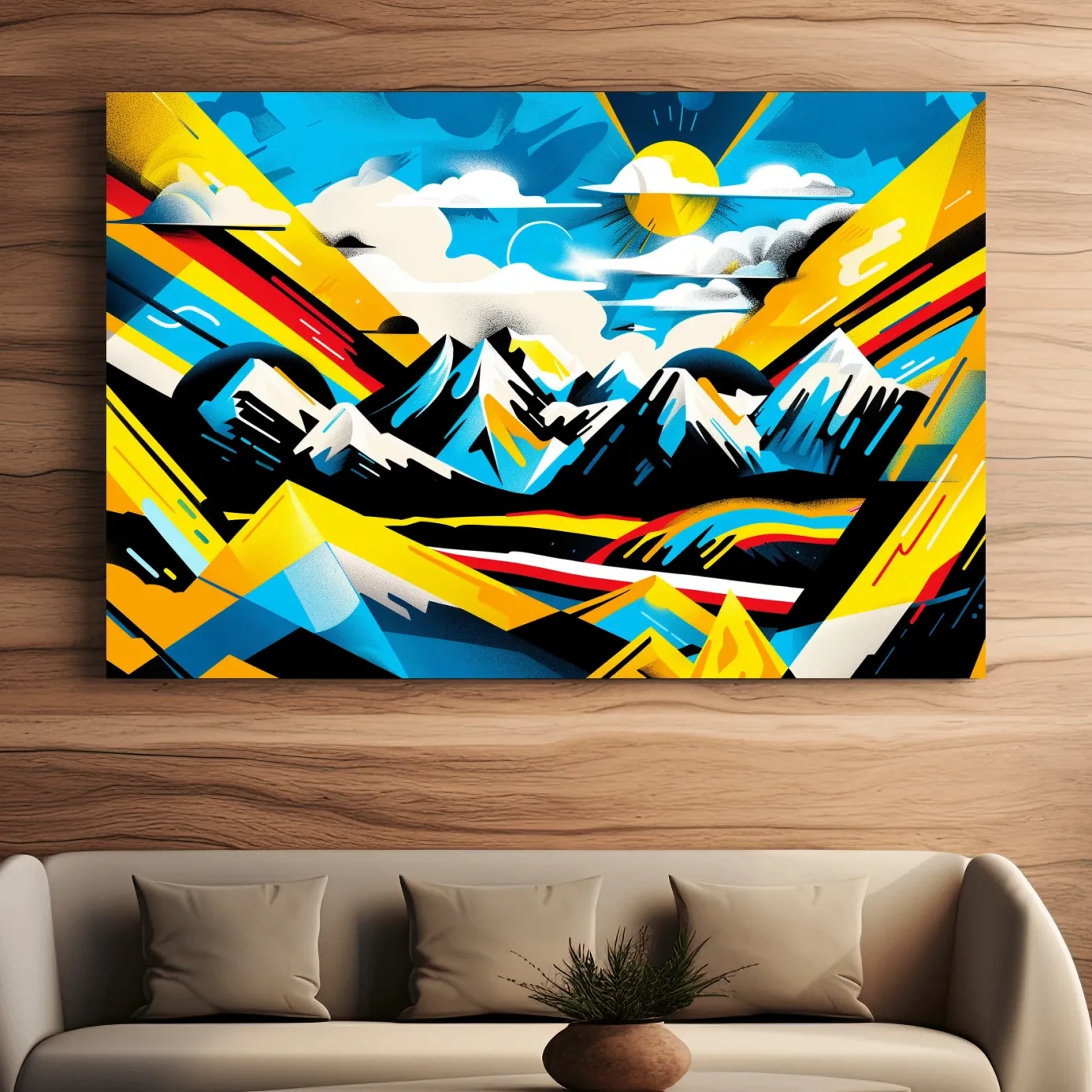 Vibrant Colorful Mountain Sunrise Illustration - Graffiti Style Landscape Wall Art