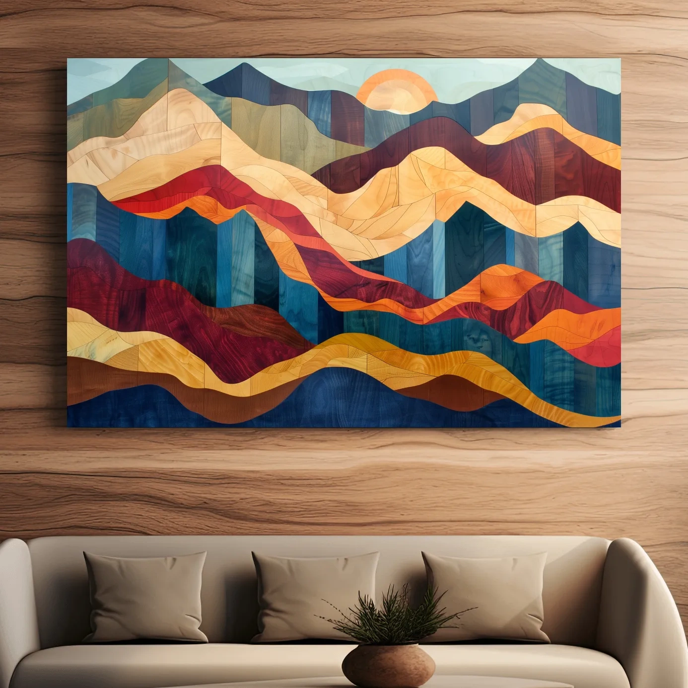 Wood intarsia style wall art, colorful mountain patterns with wood grain effect