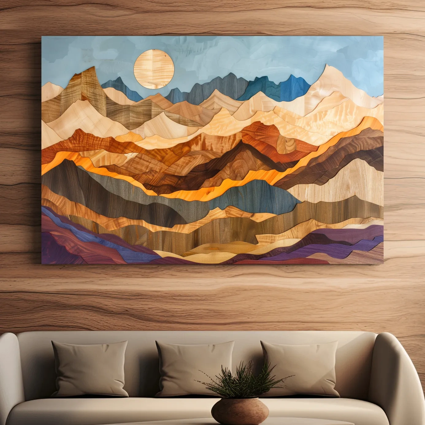 Colorful mountain patterns, 3d layered effect wood intarsia style canvas art