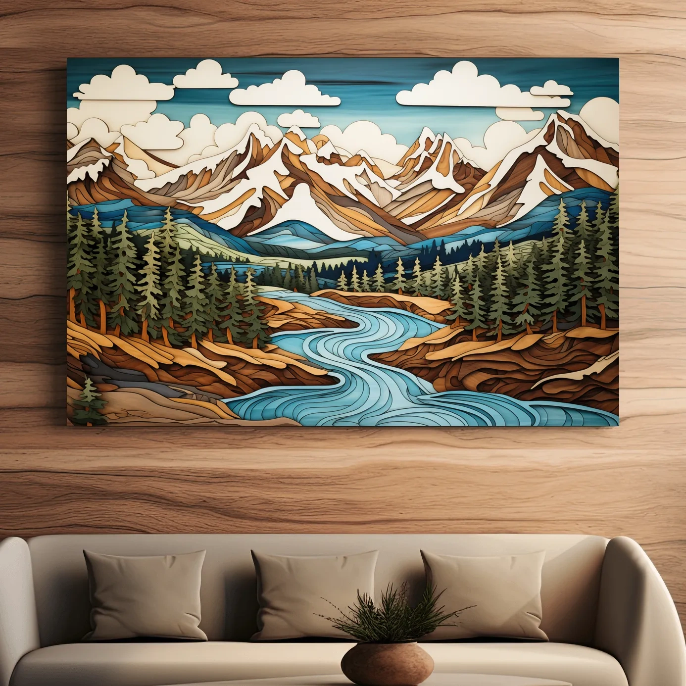 Intarsia Style Mountain River Landscape - Rustic Alpine Forest Artwork
