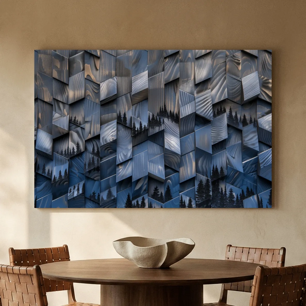 Wood Block Mountain Forest Collage - 3D Effect Abstract Landscape Wall Art