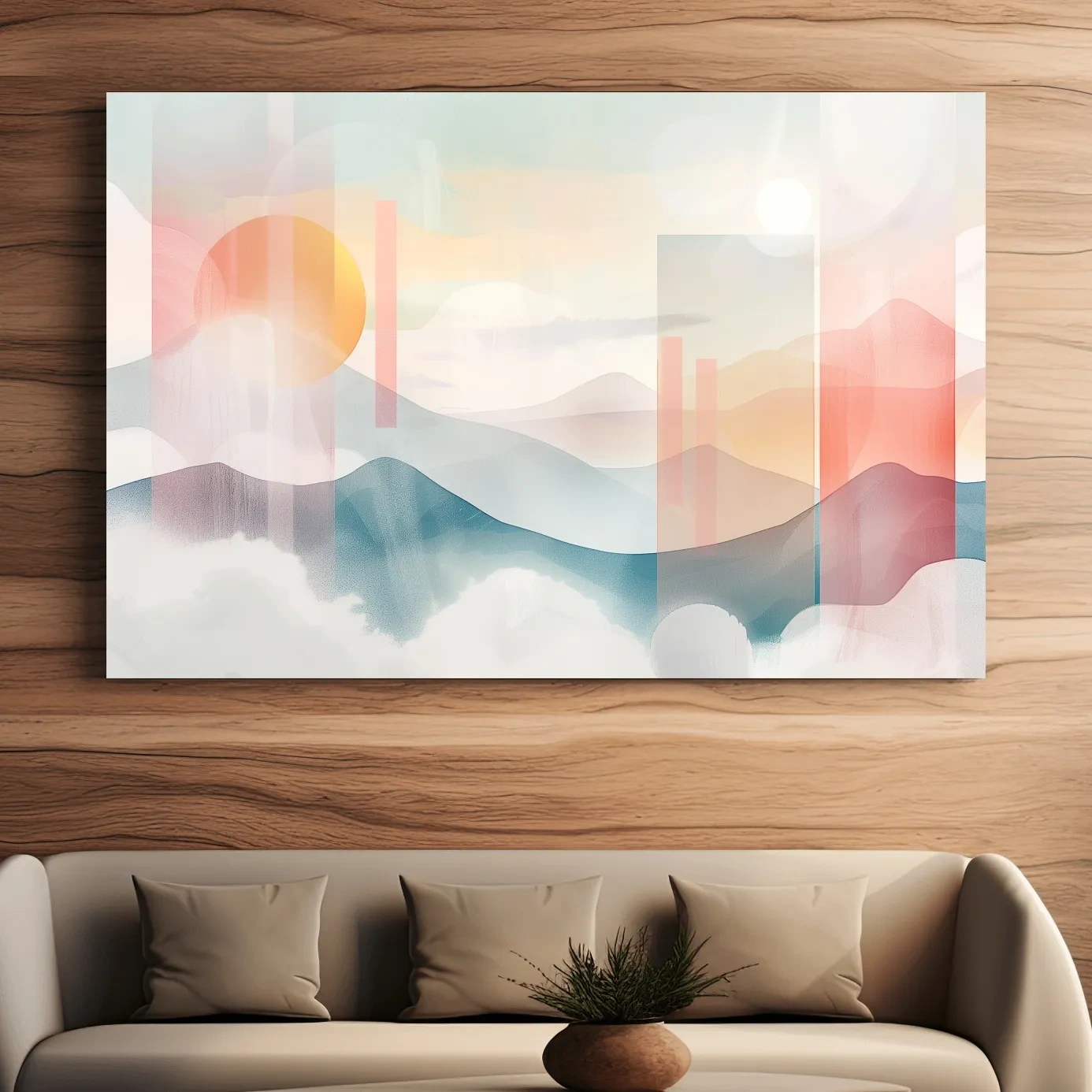 Abstract Pastel Mountain Sunrise Watercolor - Minimalist Geometric Wall Art