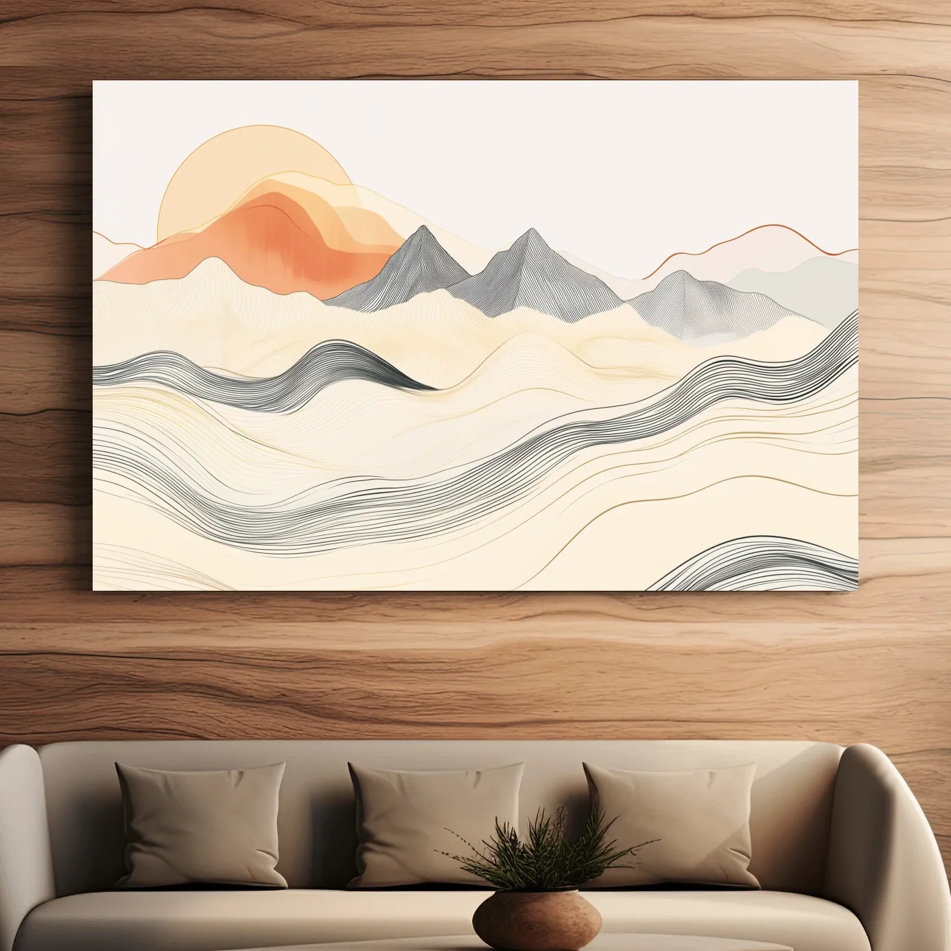 Minimalist Line Art Mountain Sunset - Abstract Landscape Wall Art