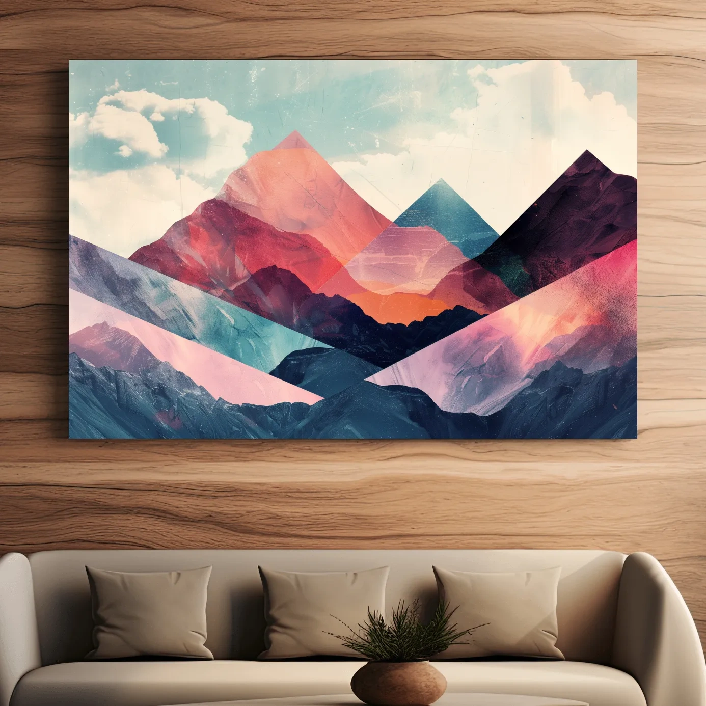 Vibrant colorful mountain wall art, mixed media collage effect