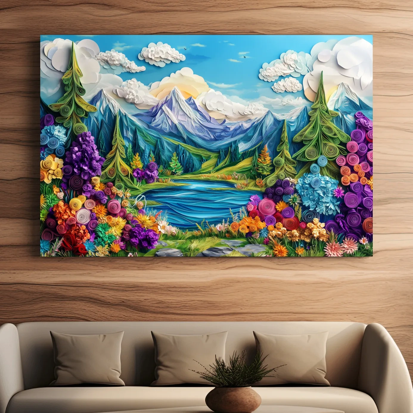Vibrant alpine meadows artwork, 3D paper quilling effect