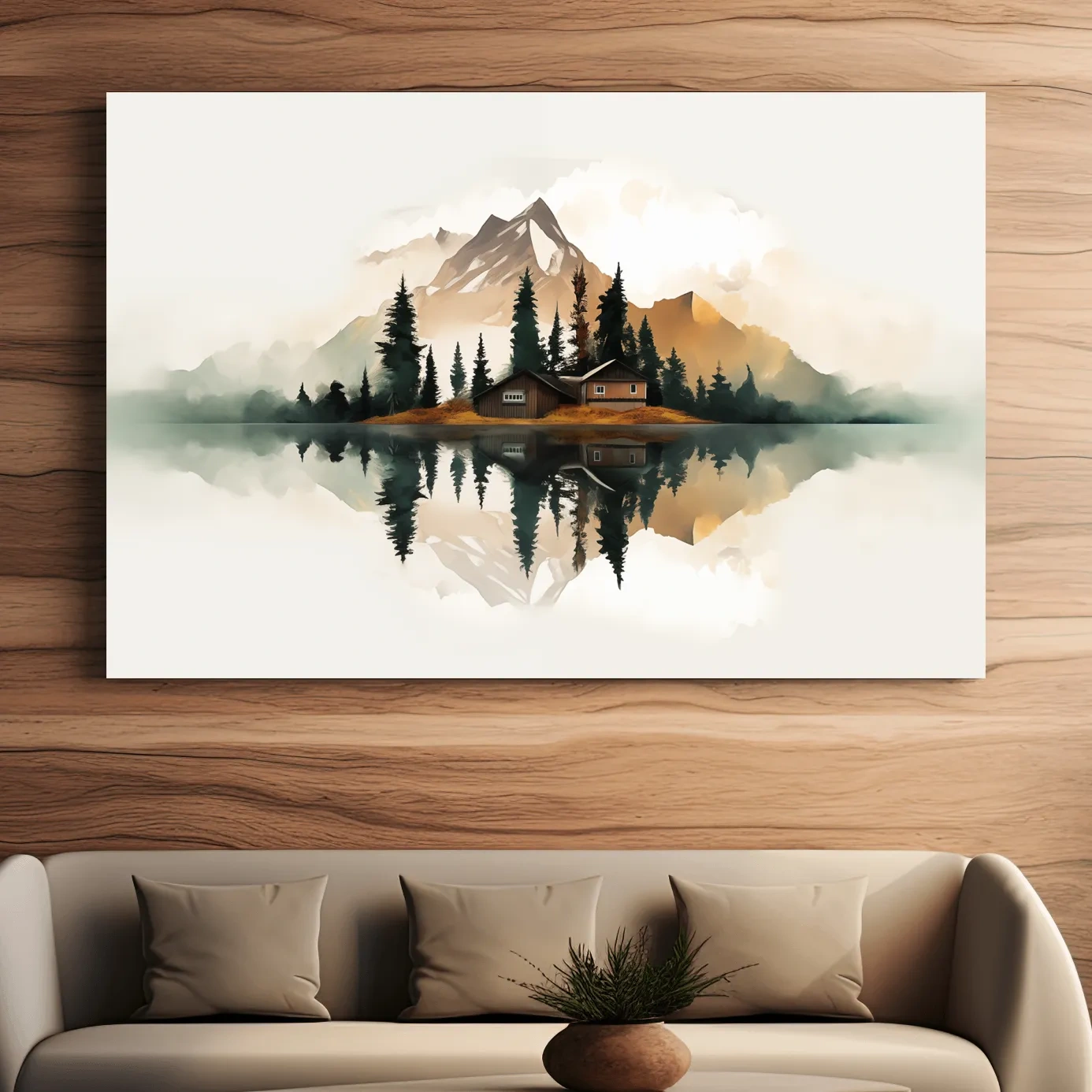 Minimalist art, glacier, lake, cabin, trees