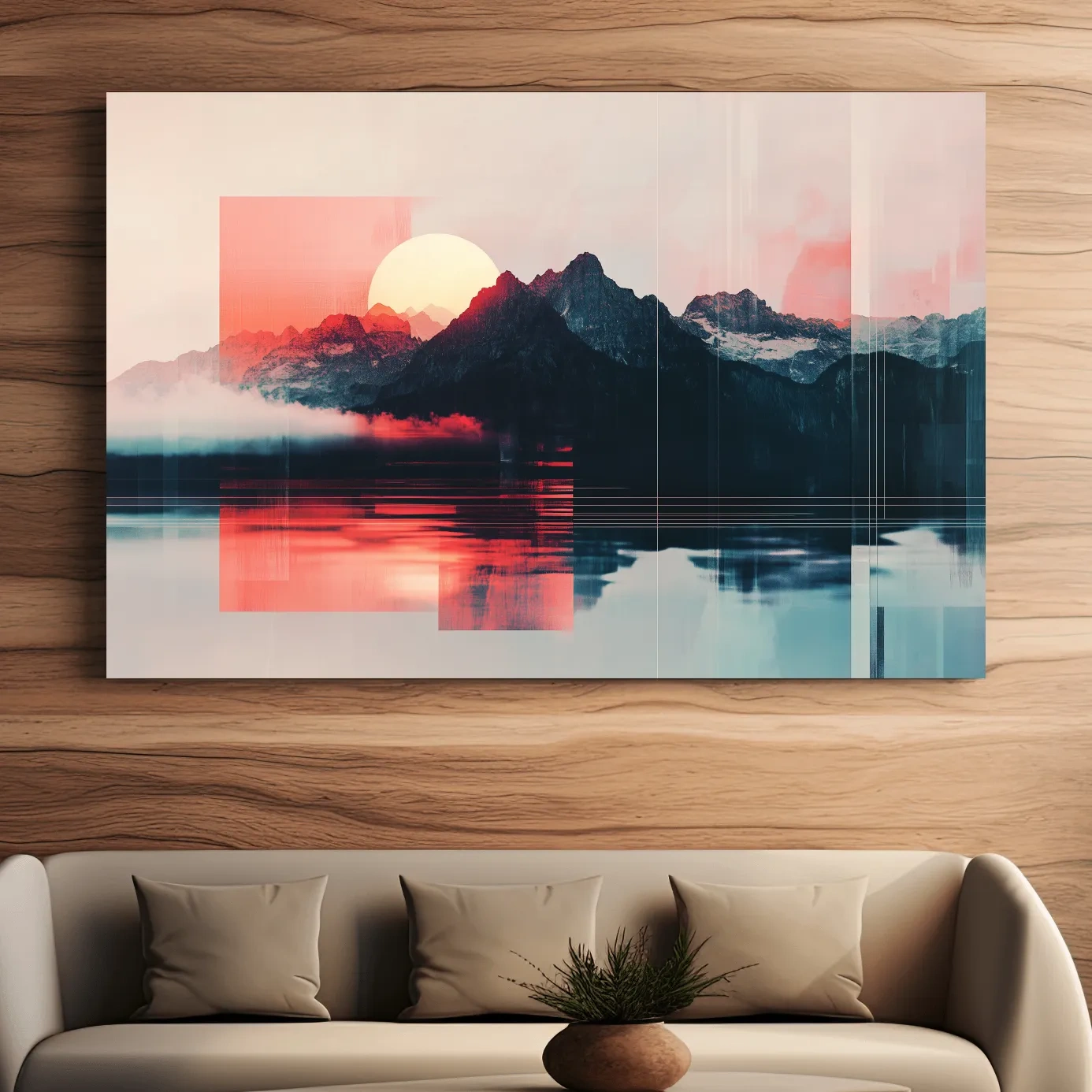 Sunset mountain wall art, glitch art effect