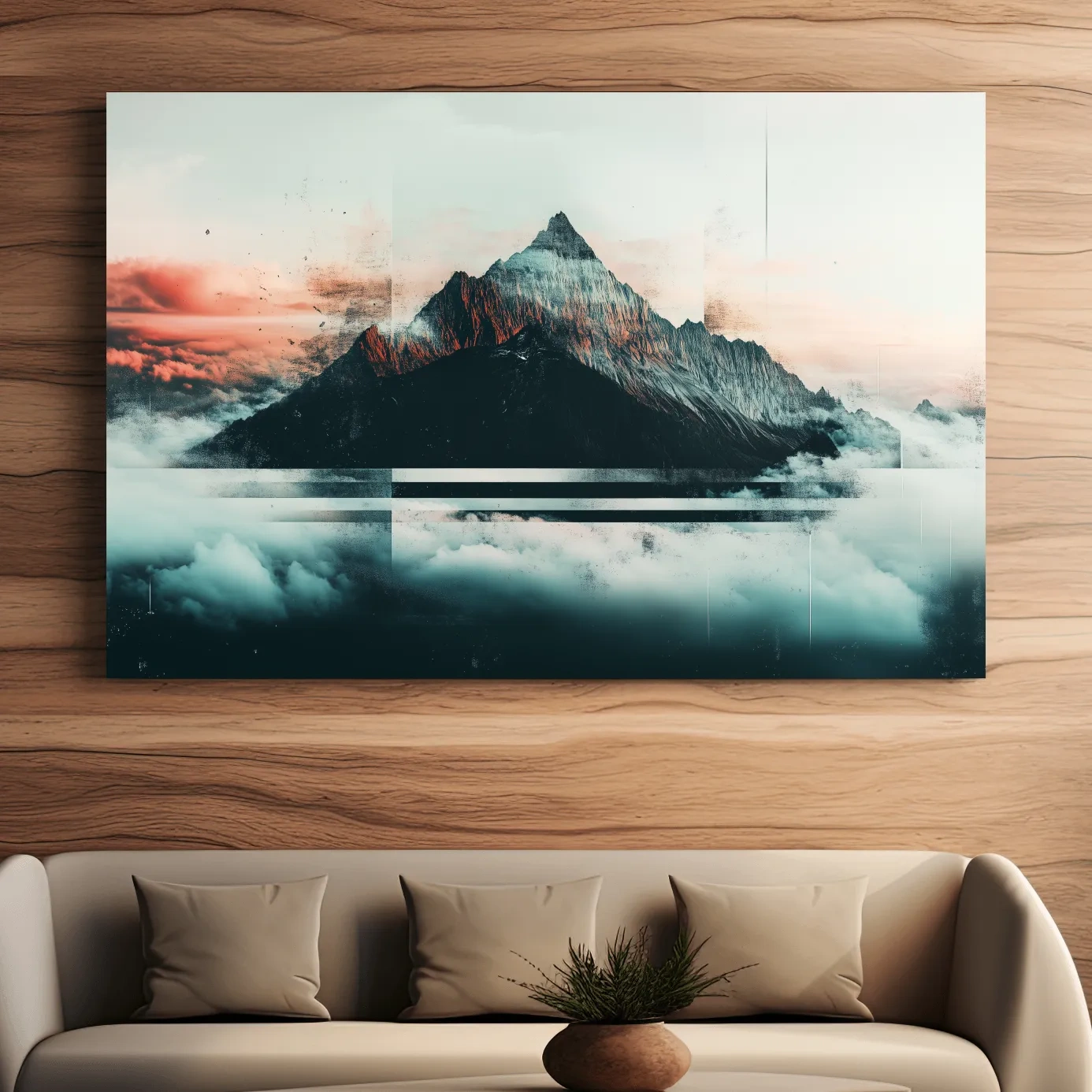 Abstract Sunset Alpine Peak Above Clouds - Glitch Style Mountain Wall Art