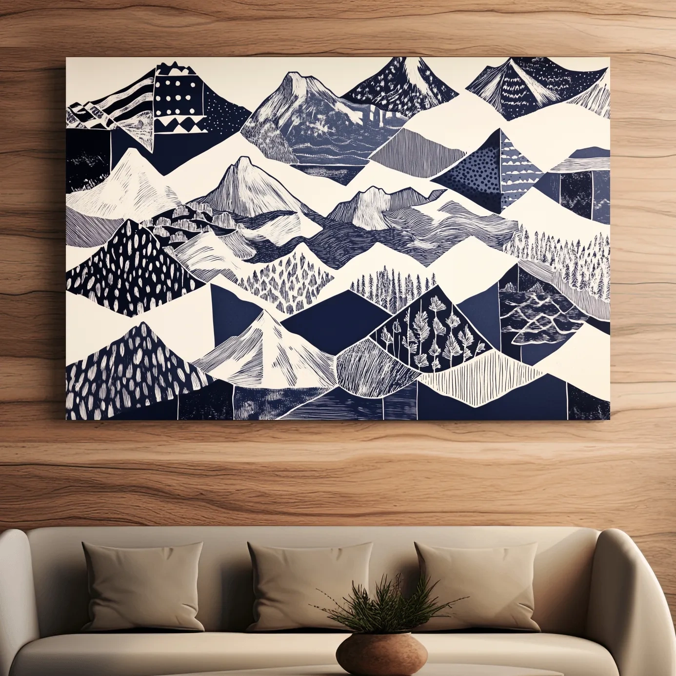 Linocut patchwork style mountain wall artwork print, black and white