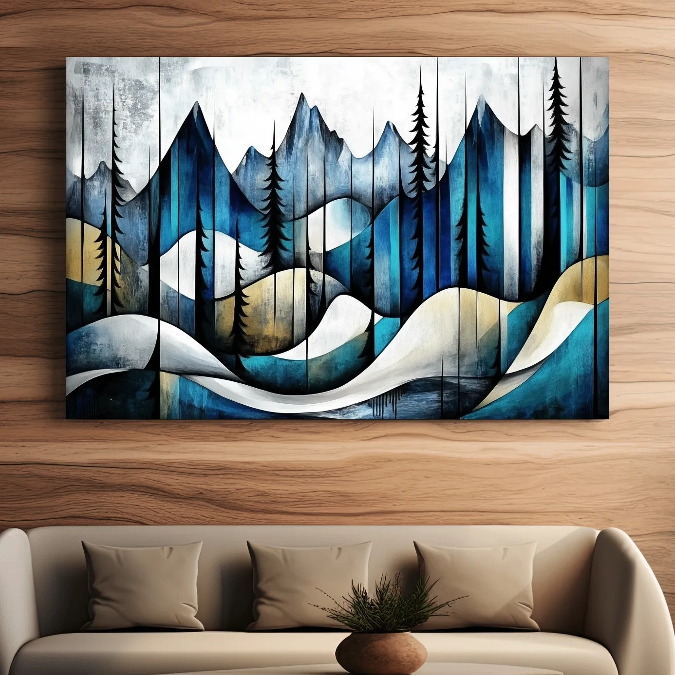 Abstract mountain painting, trees in the alpine, textured effect