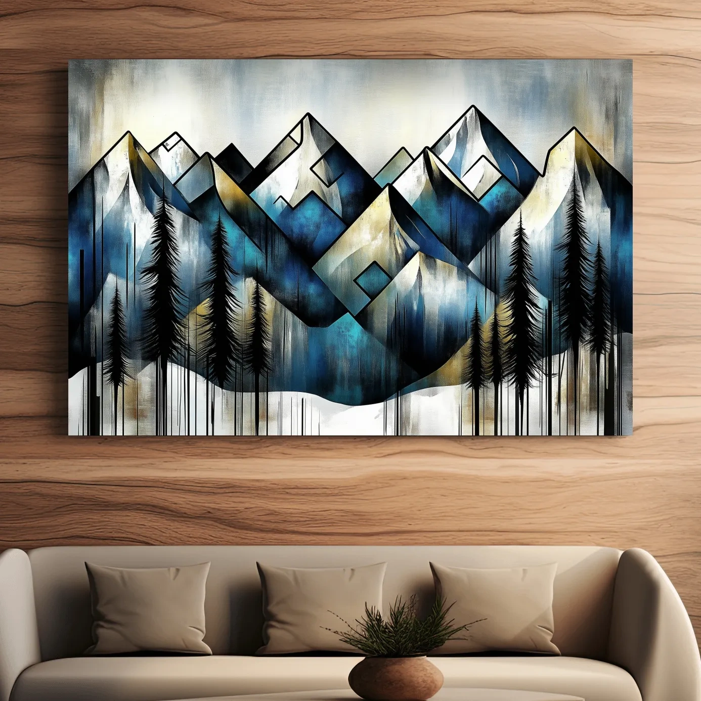 Abstract geometric mountain painting, textured wall art effect