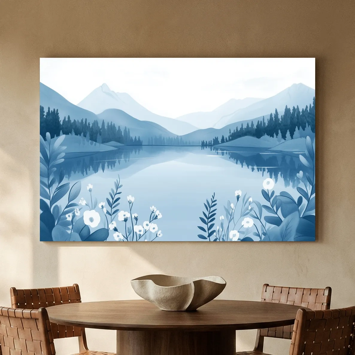 Serene Mountain Lake Illustration - Minimalist Alpine Landscape Wall Art