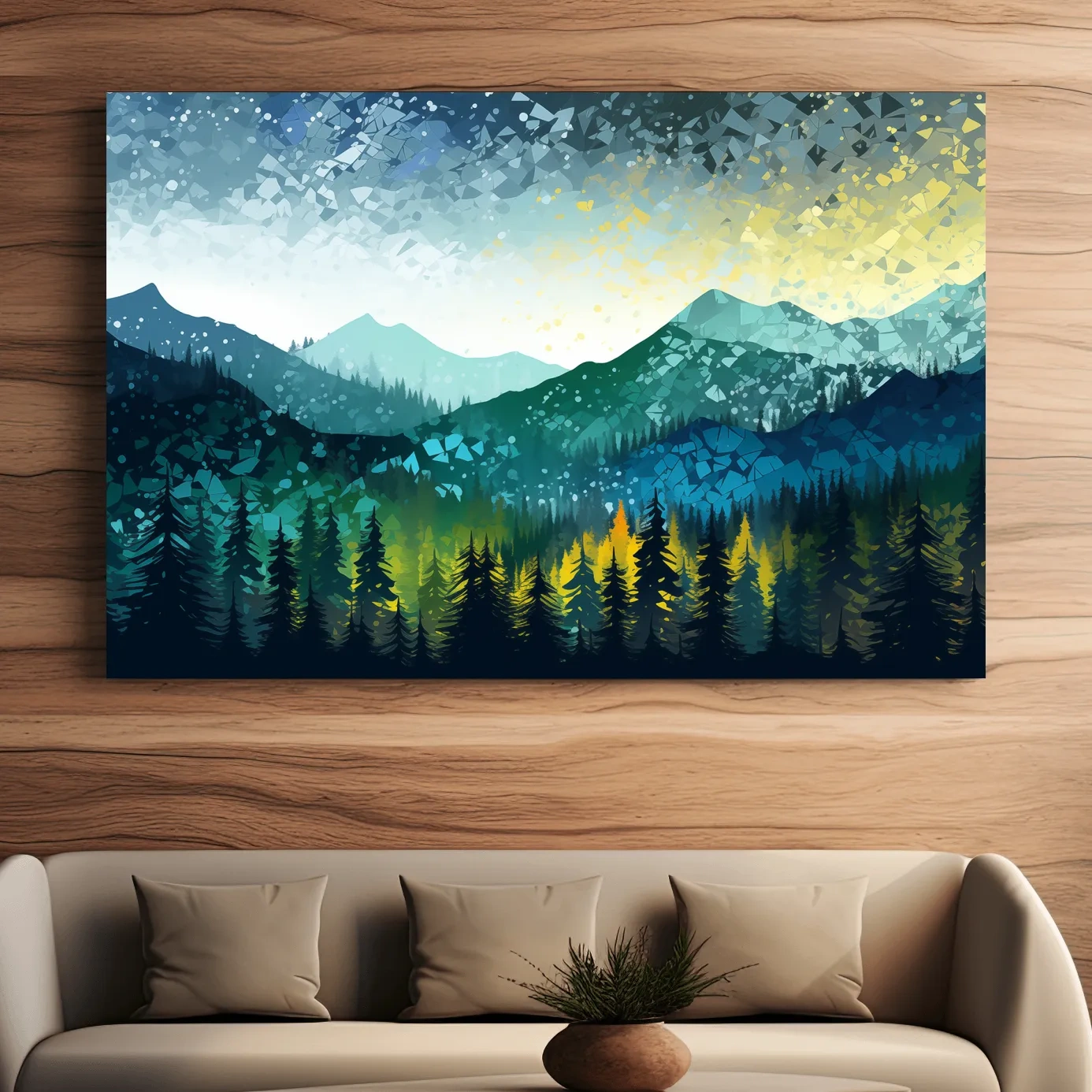 Vibrant forest and mountain art, abstract pointillism