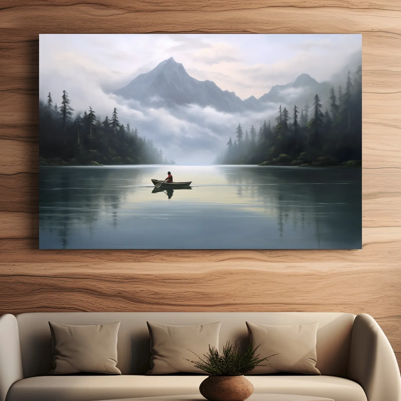Painting of a person in a canoe on an alpine lake