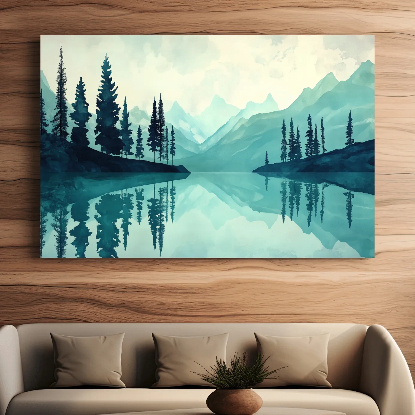 Watercolor painting wall art, view over a treelined alpine lake