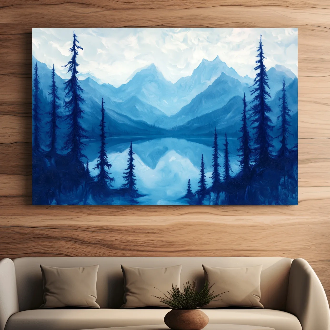 Serene Blue Mountain Lake Oil Painting - Alpine Forest Landscape Artwork