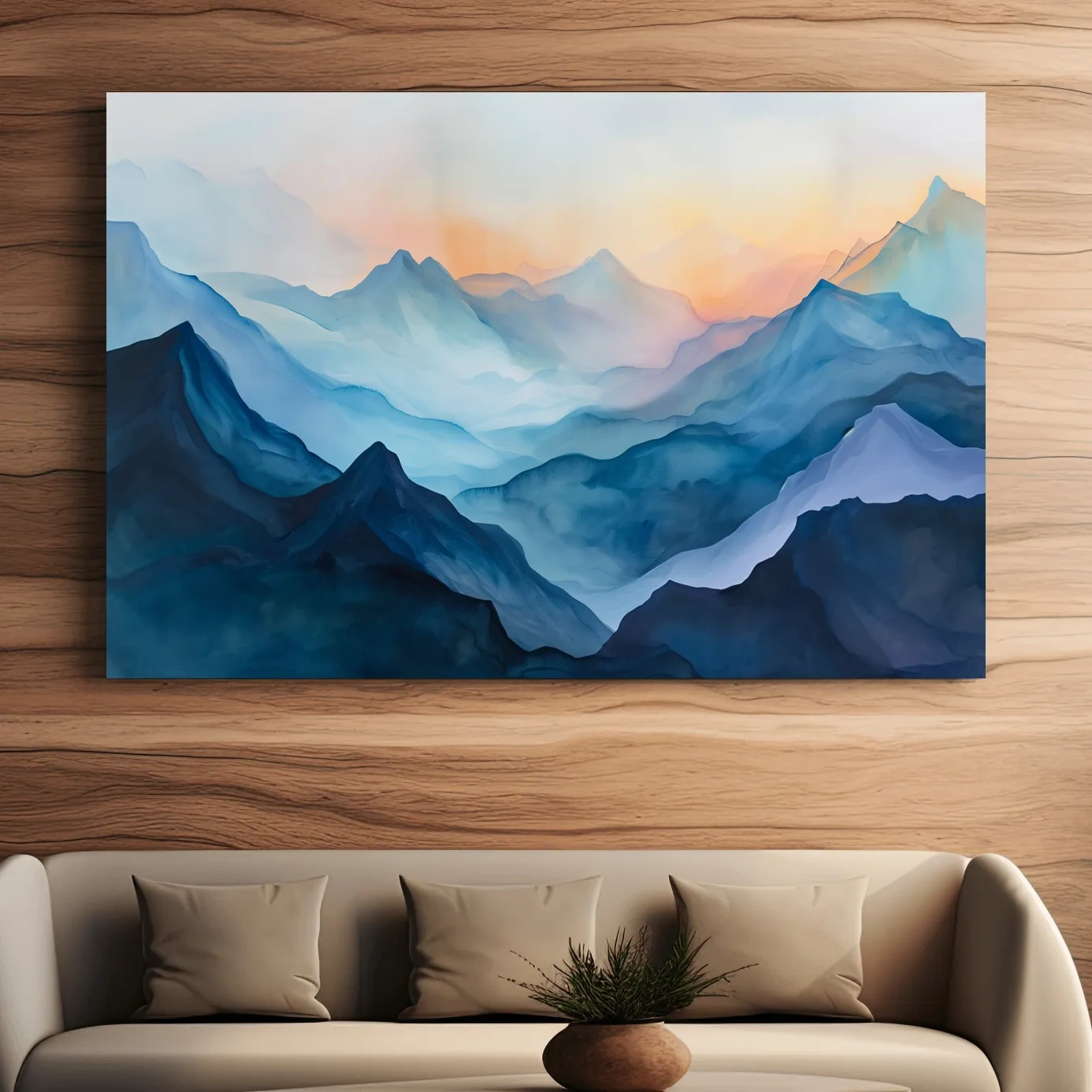 Abstract mountain painting, colourful mountain ranges at sunrise