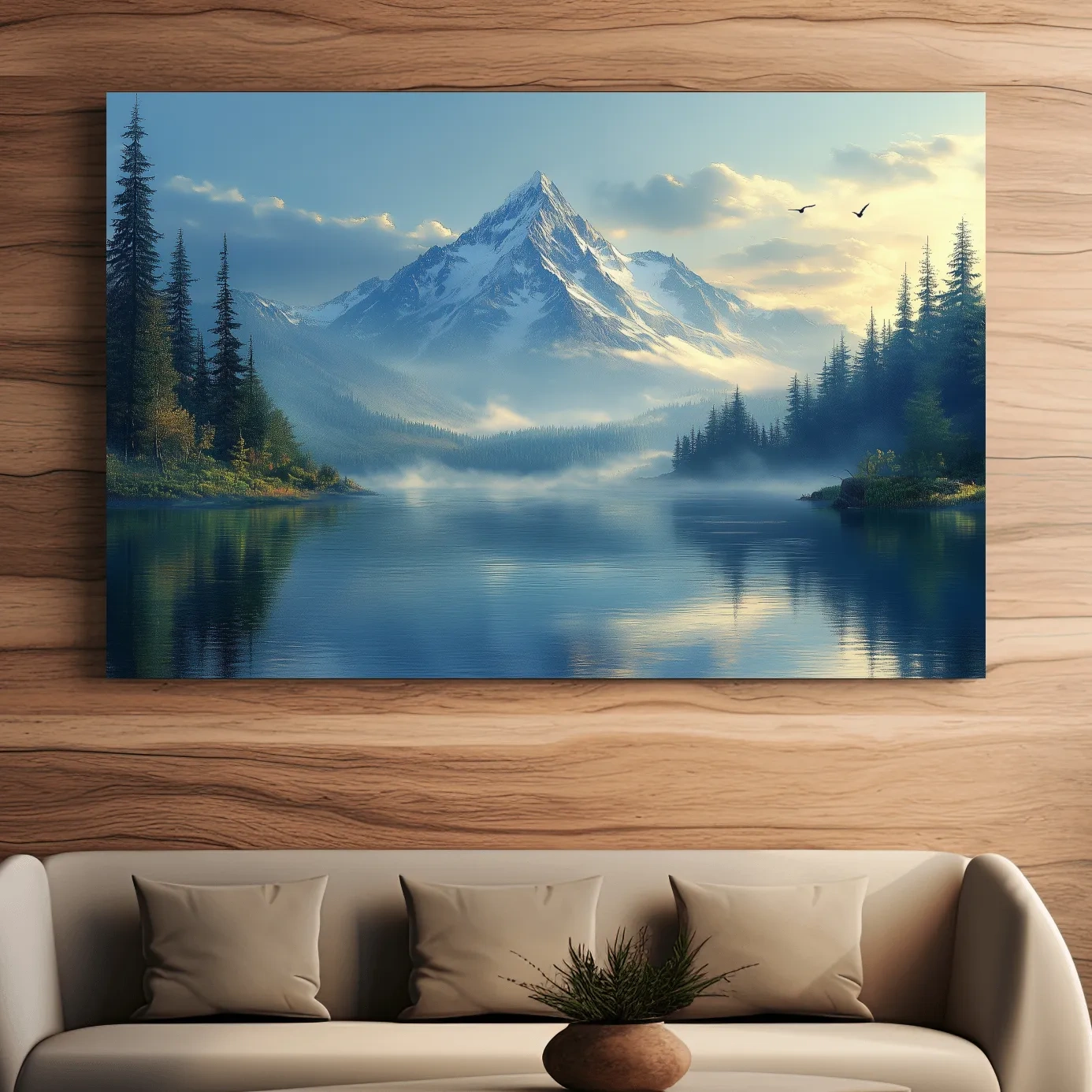 Beautiful misty alpine lake and forest beneath a glacier at sunset, photographic wall art