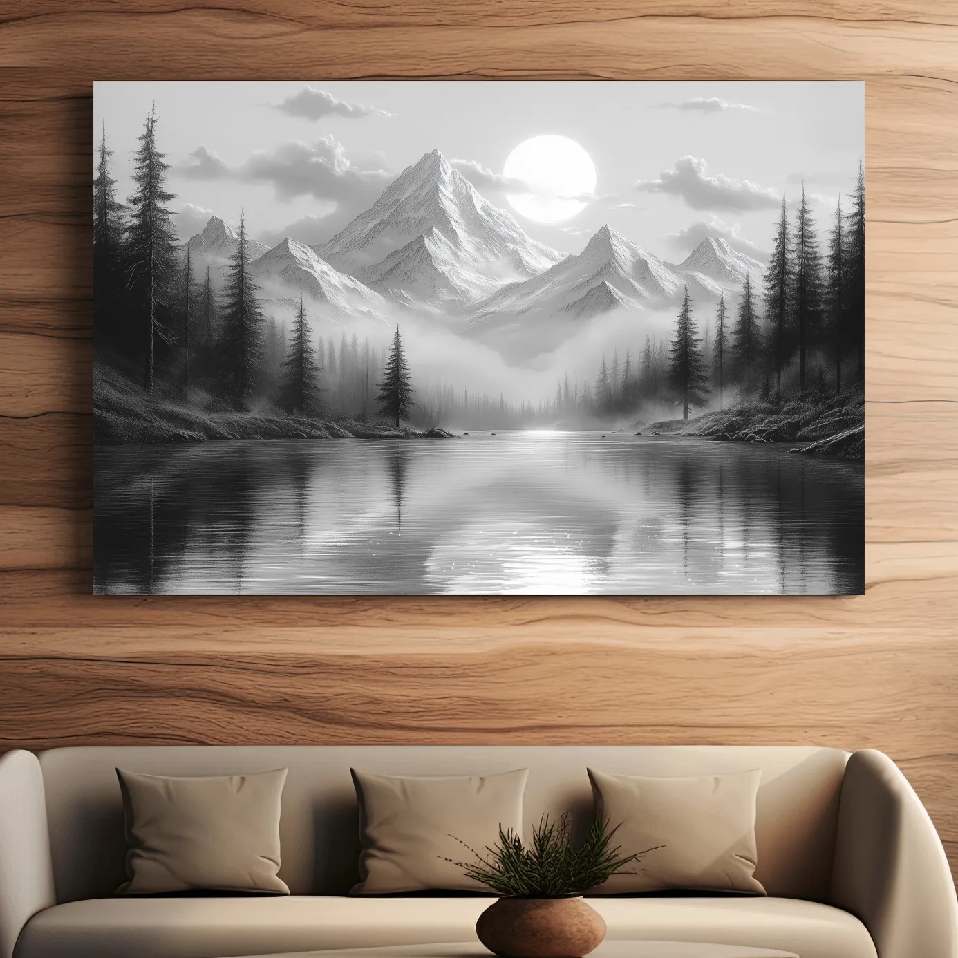 Misty forest and alpine lake beneath a glacier, black and white wall art