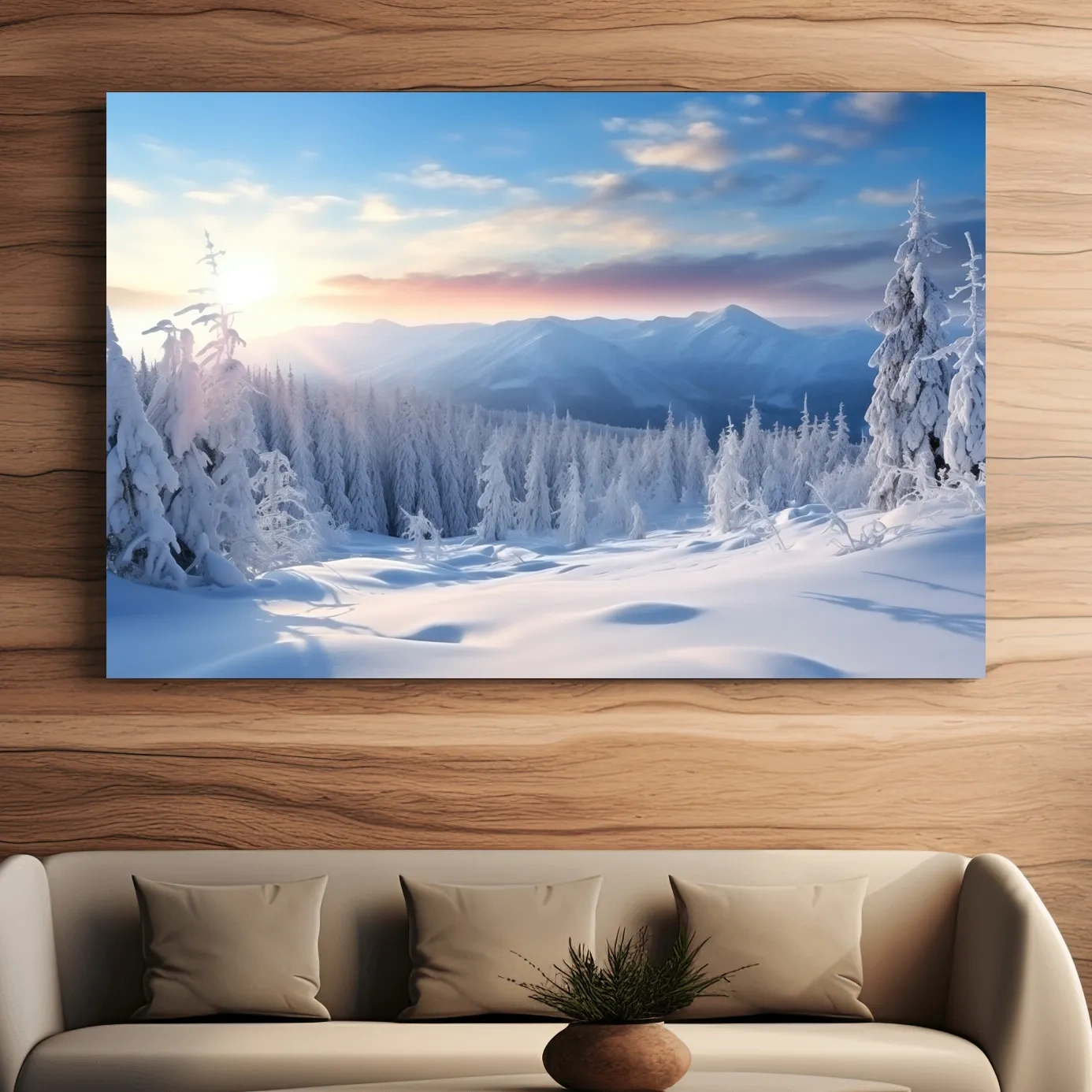 Snow covered alpine forest at sunset, photographic art