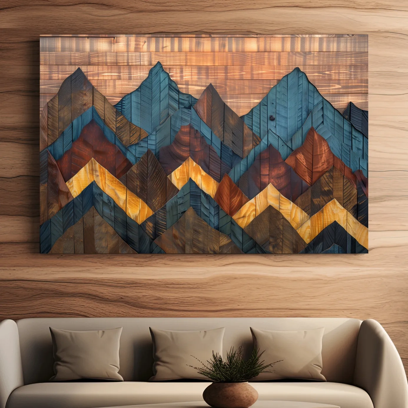Rustic mountain wall art, 3D layered wood panel effect