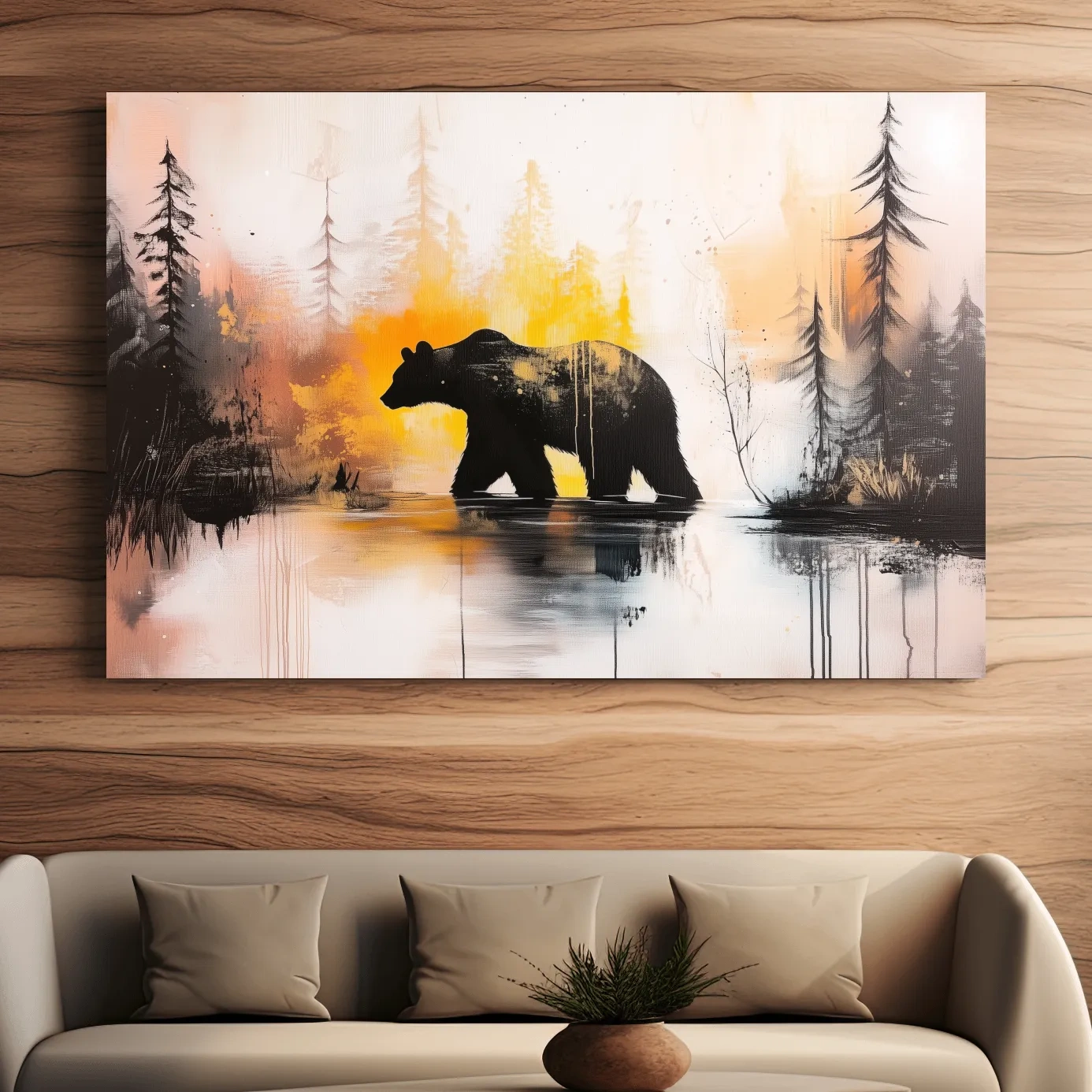 Abstract textured painting, colorful grizzly bear artwork