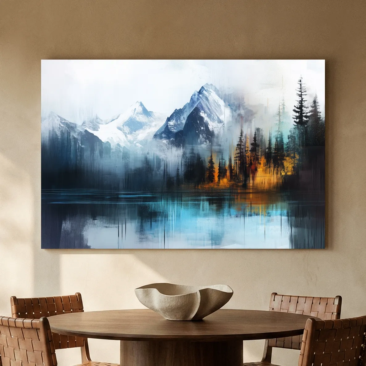 Misty Mountain & Lake Reflection - Abstract Painting Pine Forest Wall Art