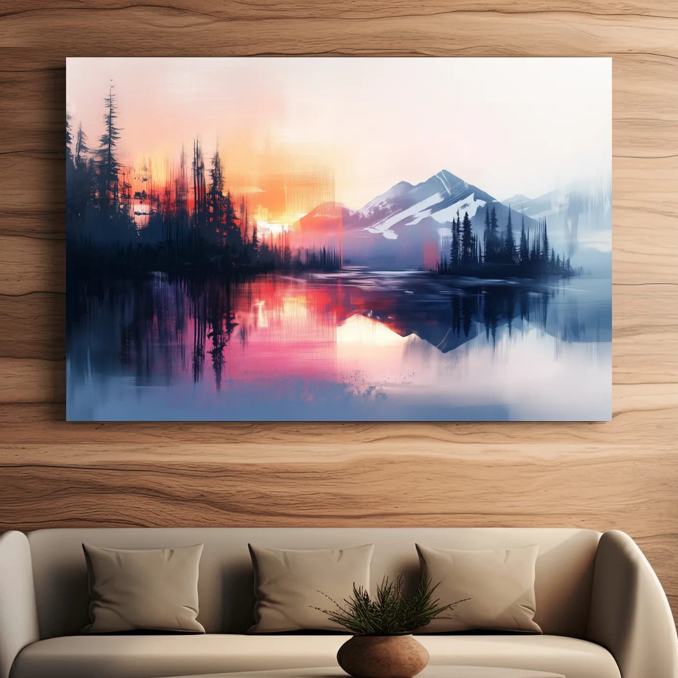 Textured painting wall art, sunset over alpine mountains, lake and forest