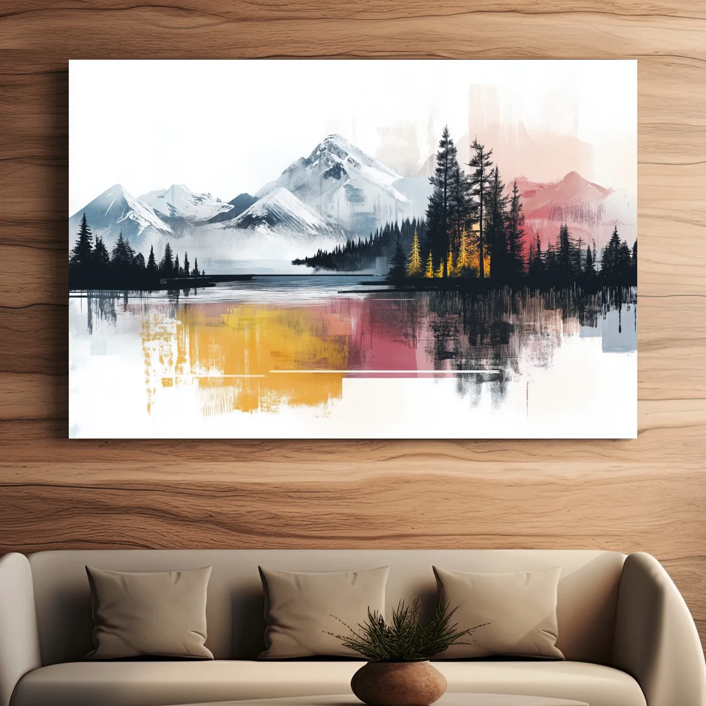 Colorful abstract mountain painting, glacial lake and forest wall art