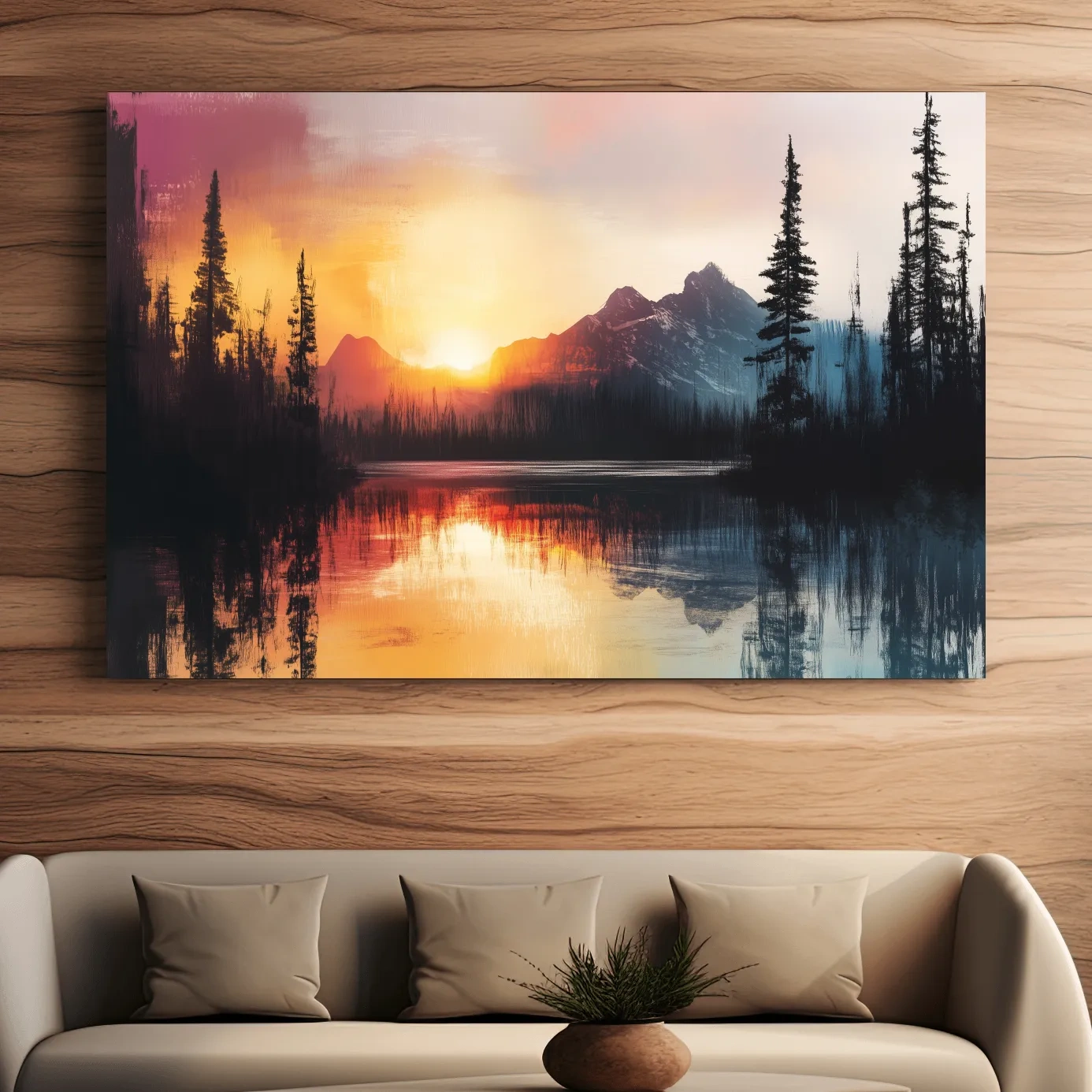 Abstract mountain art painting, sunset over a lake and forest