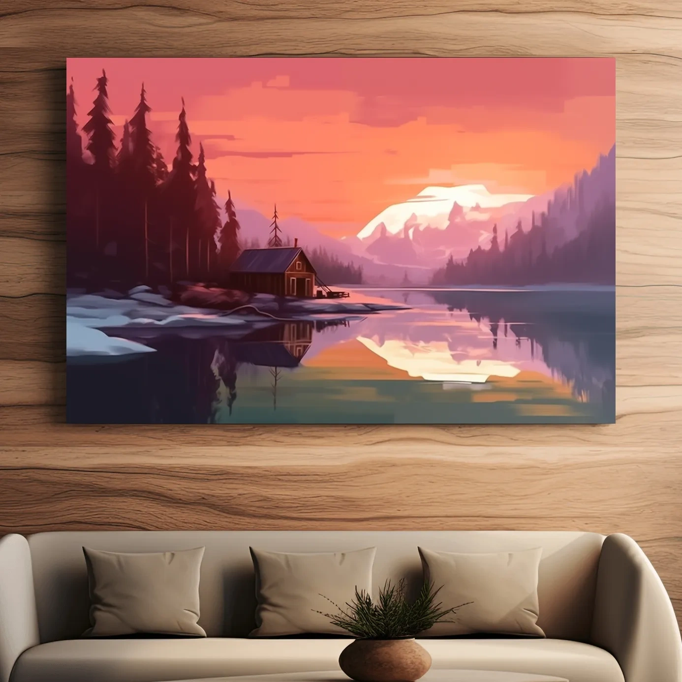 Mountain art painting, cabin by a lake at sunset