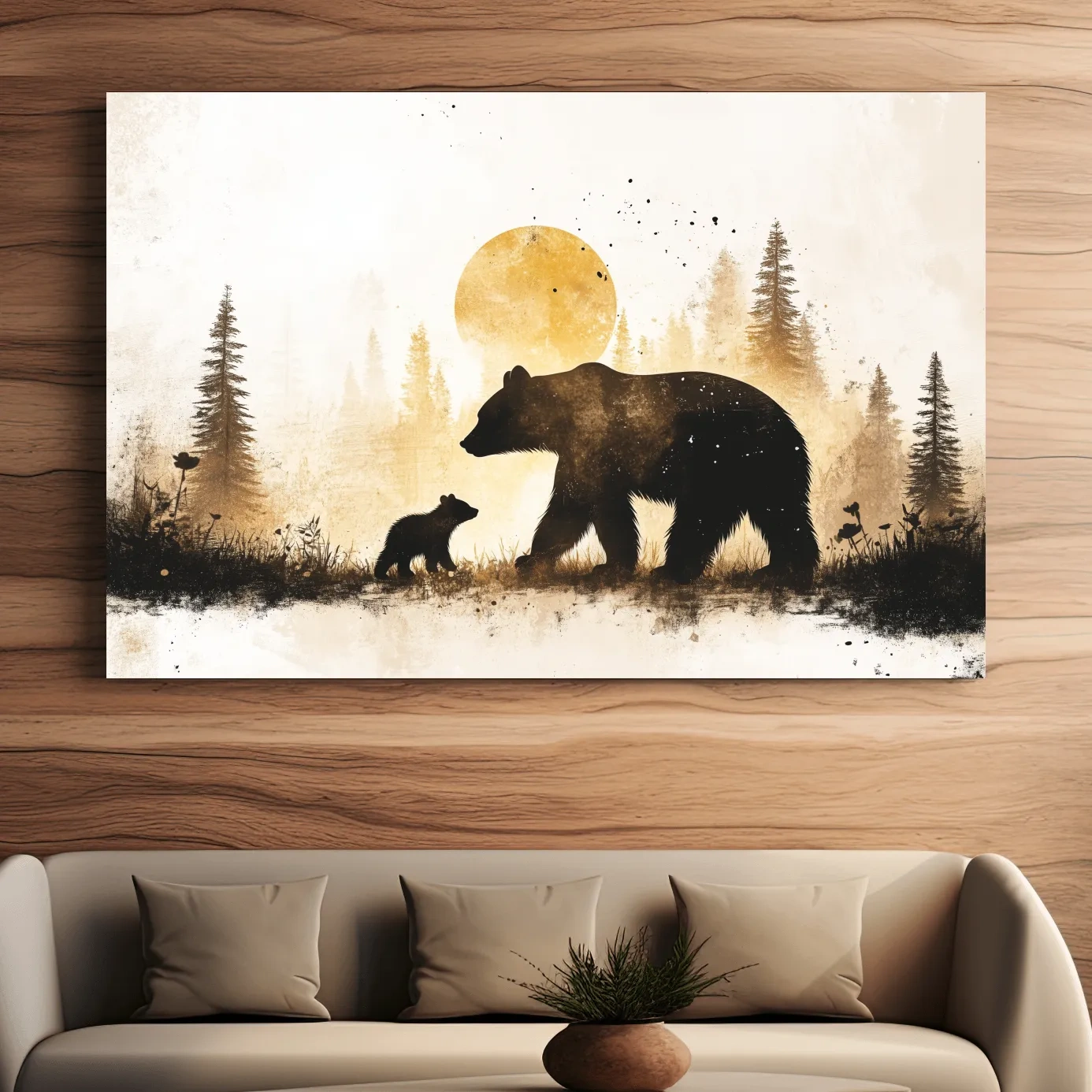 Momma bear and her cub in the forest, textured illustration wall artwork